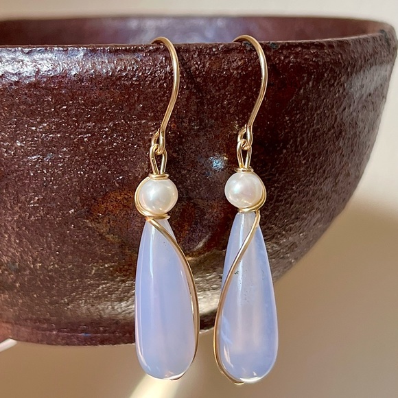 Hushwink Jewelry - Gold Filled Lavender Chalcedony and Freshwater Pearl Drop Earrings
